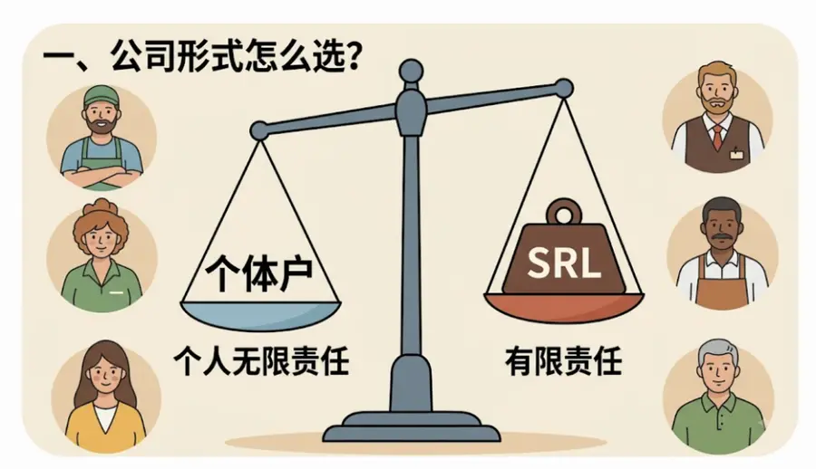 公司形式怎么选：个体户个人无限责任与 SRL 有限责任的天平对比插图